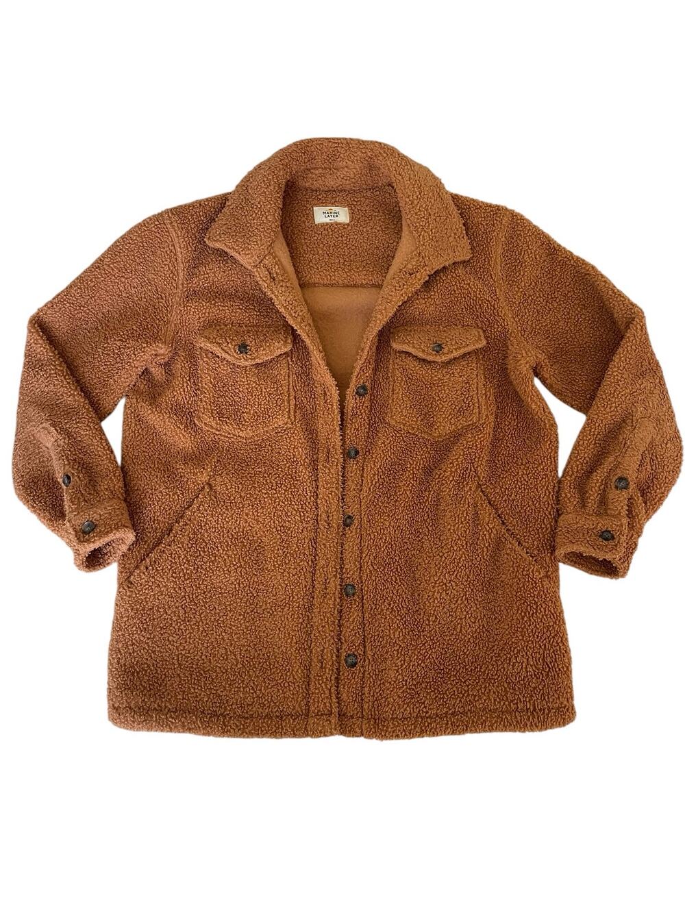 Marine Layer Sherpa Fleece Shacket in Caramel Brown - Size Small